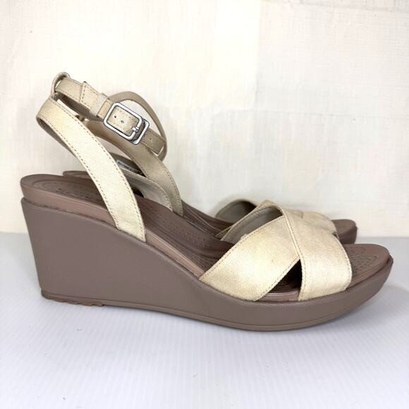 CROCS Leigh II Wedge Sandals Women's 11 Neutral Ankle Strap Casual Summer Comfy - Picture 1 of 10
